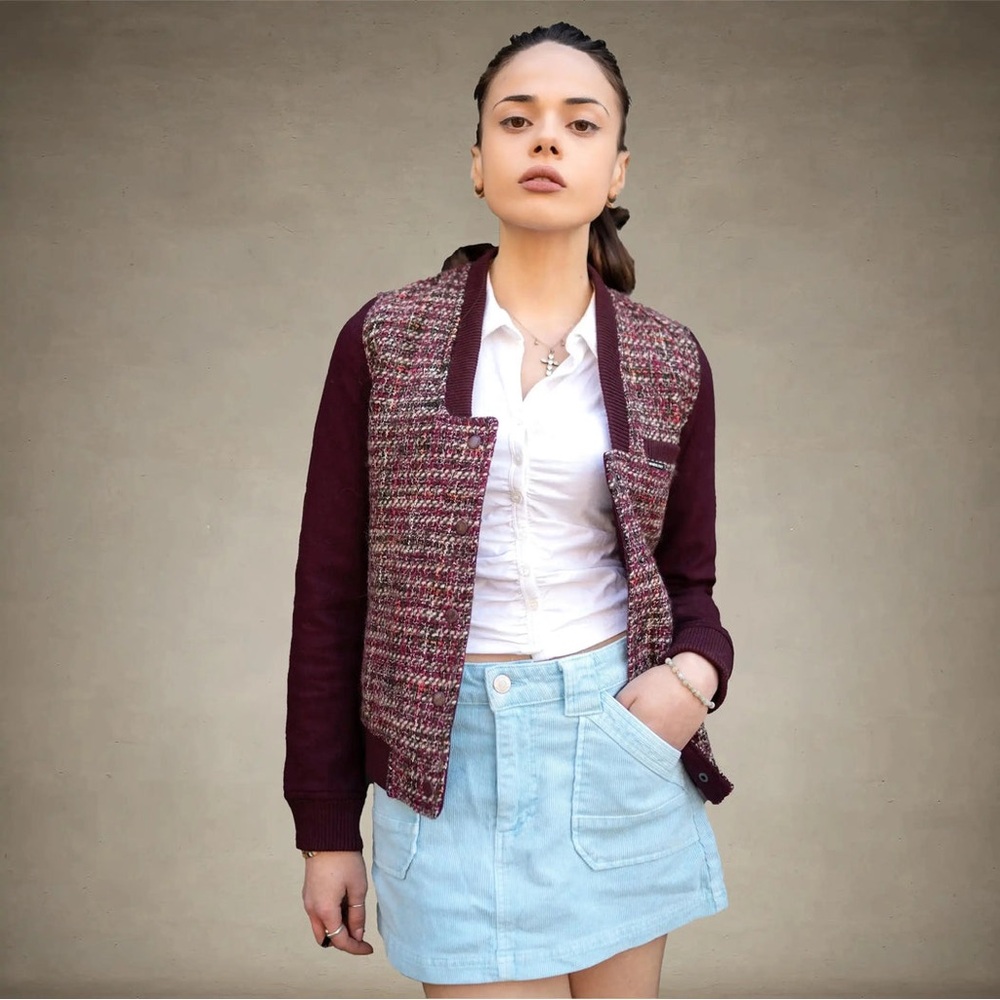 Members Only Jacket – Tweed Bomber, Quilted Lining, Maroon Wool, Dark Academia